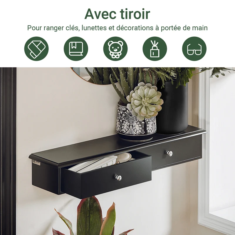 SoBuy FRG43-SCH Etagere Murale avec 2 Tiroirs - Étagère Flottante Moderne pour Entrée, Salon, Cuisine & Chambre - Noir 64x15x10cm
