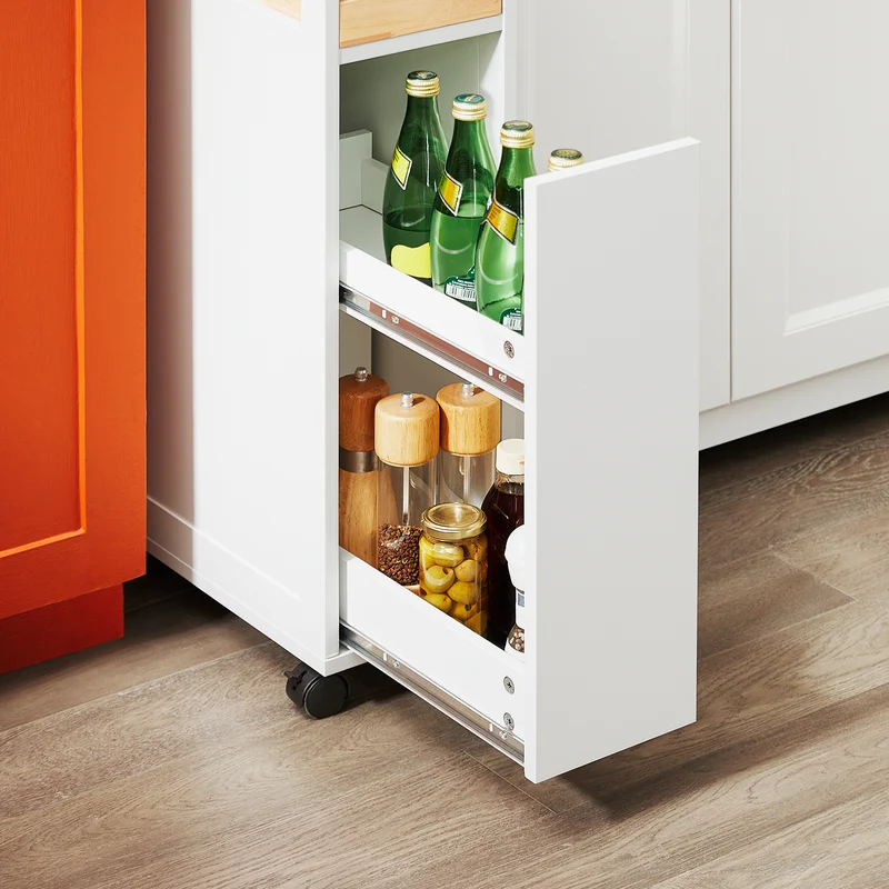 SoBuy NSR11-WN Chariot de Cuisine à Roulettes Slim 20 cm, Plan de Travail Bois, Tiroir 2 Niveaux, 4 Roulettes – L20 × P51 × H79 cm