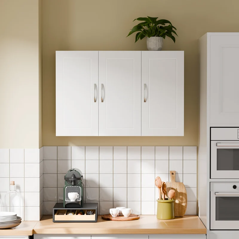 SoBuy FRG231-L-W Meuble Haut Suspendu 90 cm – 3 Portes, Étagère Réglable – Blanc