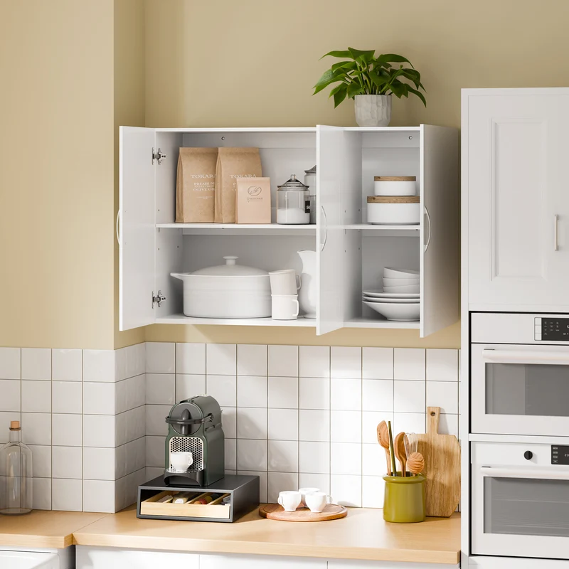 SoBuy FRG231-L-W Meuble Haut Suspendu 90 cm – 3 Portes, Étagère Réglable – Blanc