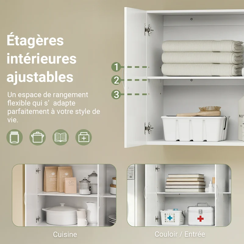 SoBuy FRG231-L-W Meuble Haut Suspendu 90 cm – 3 Portes, Étagère Réglable – Blanc
