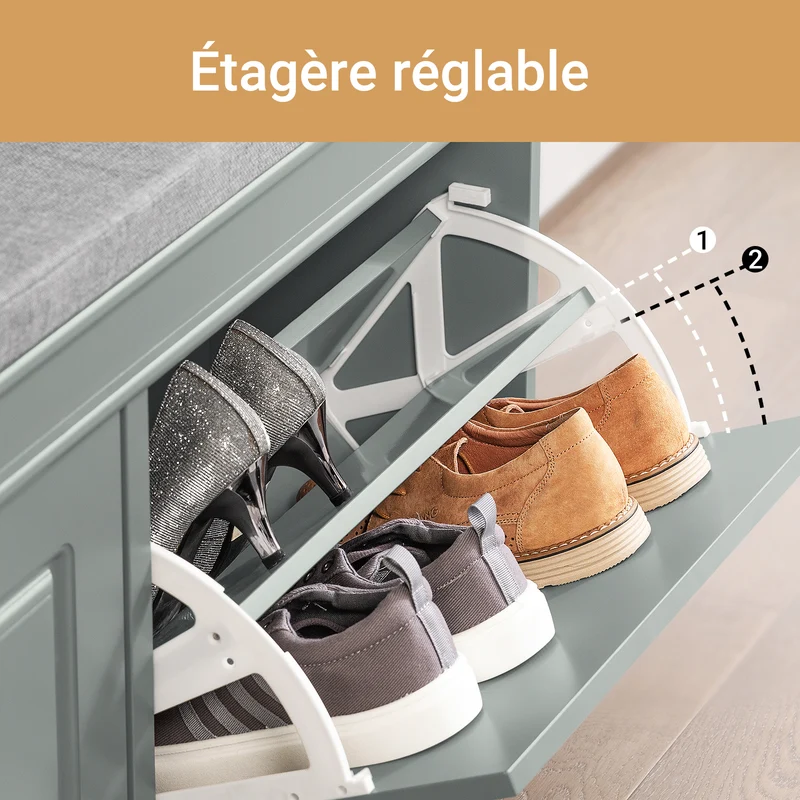 SoBuy FSR64-HG Banc à Chaussures 104 cm avec Coussin Déhoussable et 2 Abattants – Charge 150 kg – Bois FSC – Gris