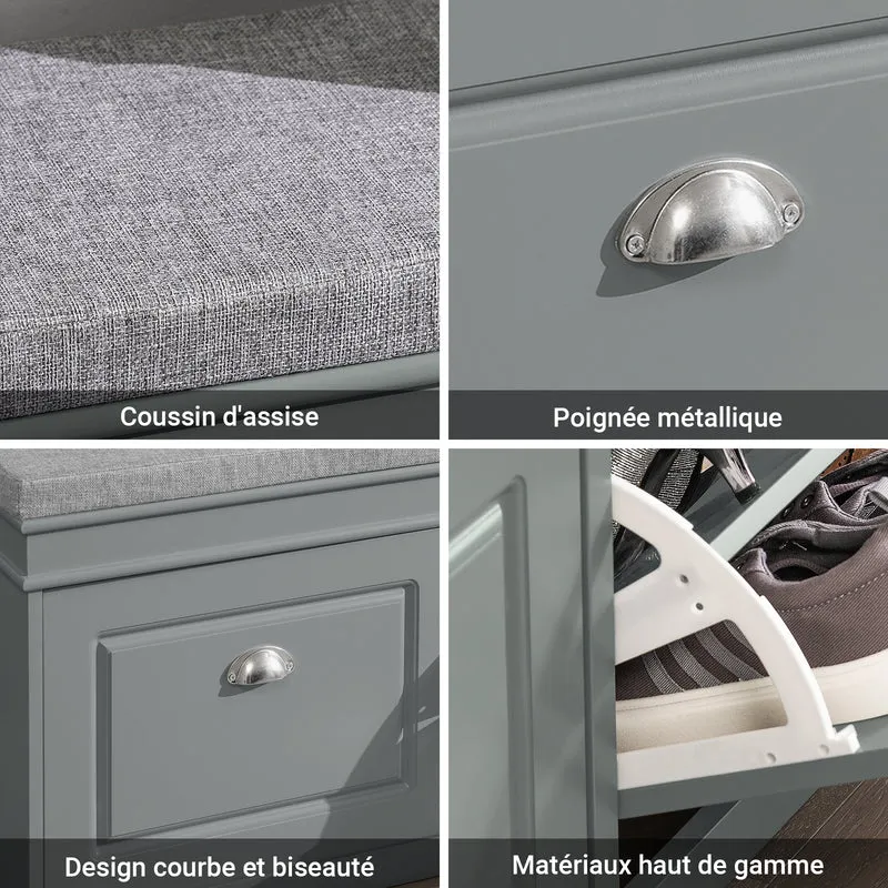 SoBuy FSR64-HG Banc à Chaussures 104 cm avec Coussin Déhoussable et 2 Abattants – Charge 150 kg – Bois FSC – Gris