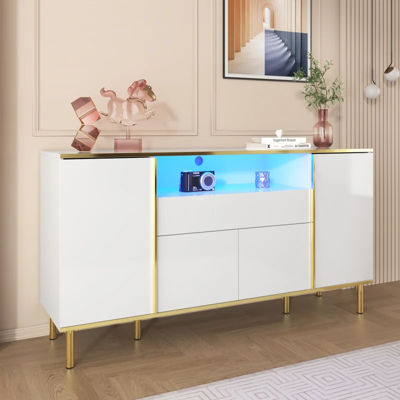 Buffet moderne luxe blanc avec éclairage LED accents dorés brillant YIRELL WHITE