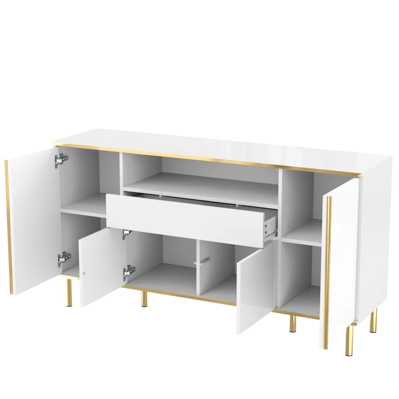 Buffet moderne luxe blanc avec éclairage LED accents dorés brillant YIRELL WHITE