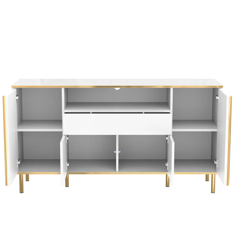 Buffet moderne luxe blanc avec éclairage LED accents dorés brillant YIRELL WHITE