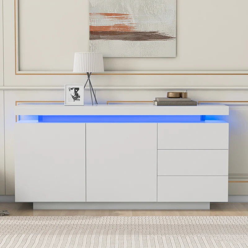 Buffet blanc laqué avec éclairage LED 2 portes 3 tiroirs ZUSTRONS