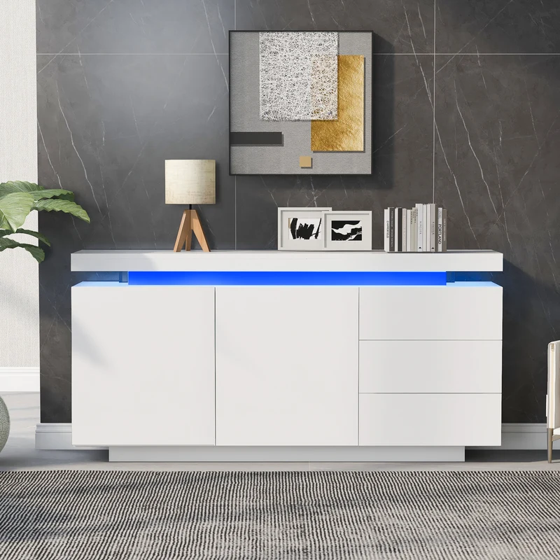 Buffet blanc laqué avec éclairage LED 2 portes 3 tiroirs ZUSTRONS