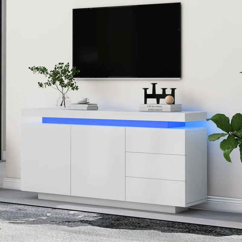 Buffet blanc laqué avec éclairage LED 2 portes 3 tiroirs ZUSTRONS