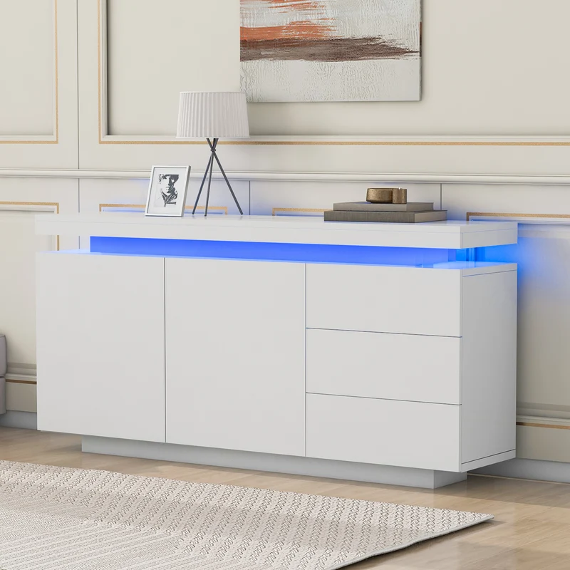 Buffet blanc laqué avec éclairage LED 2 portes 3 tiroirs ZUSTRONS
