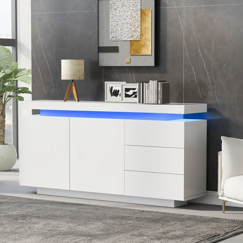 Buffet blanc laqué avec éclairage LED 2 portes 3 tiroirs ZUSTRONS