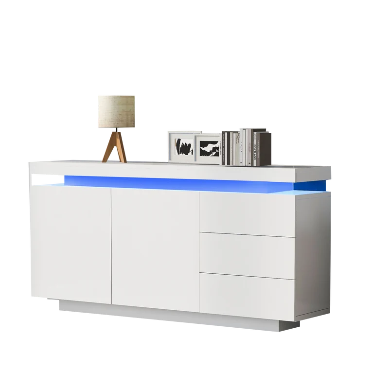 Buffet blanc laqué avec éclairage LED 2 portes 3 tiroirs ZUSTRONS