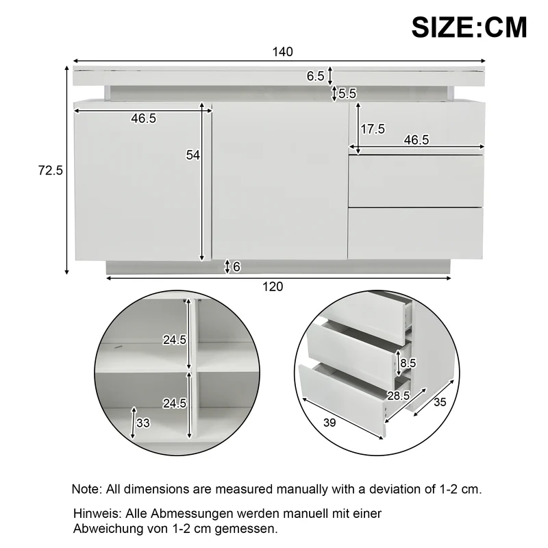 Buffet blanc laqué avec éclairage LED 2 portes 3 tiroirs ZUSTRONS