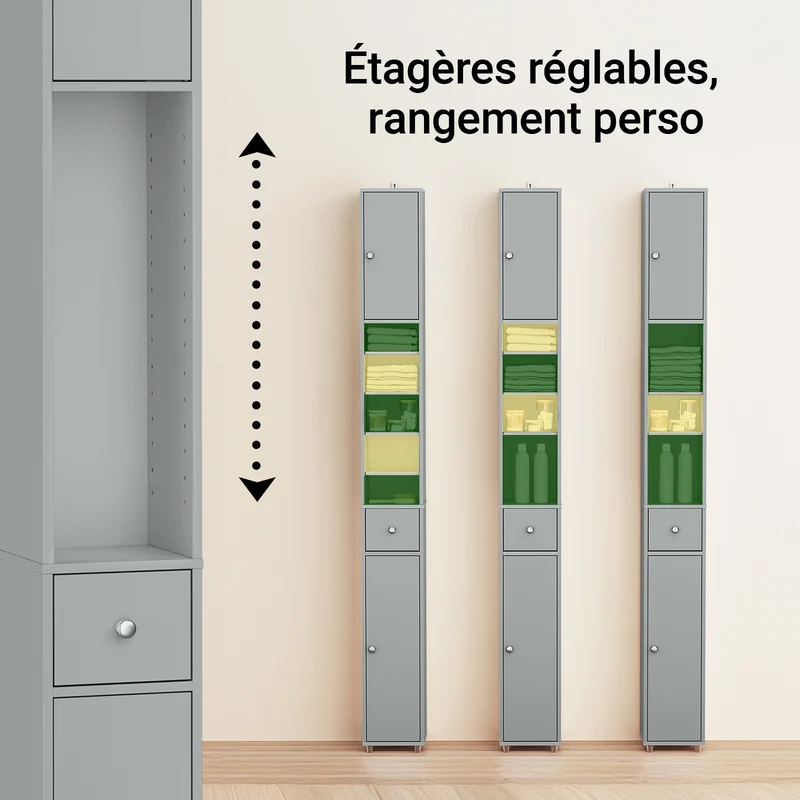 SoBuy BZR34-II-HG Colonne Salle de Bain Ultra-Étroite 20×20×180 cm – Tiroir Central, Étagères Réglables, Gris