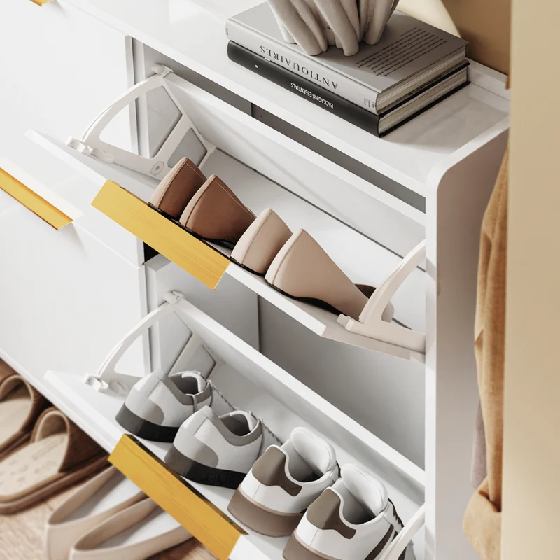 SoBuy FSR206-GW Armoire à Chaussures Ultra-Slim 19 cm pour 16-20 Paires, Finition Blanc Brillant et Or – Anti-Basculement, MDF E1, 100x19x90 cm