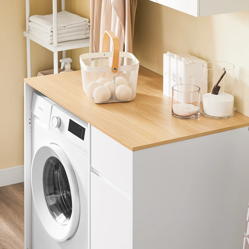 SoBuy BZR217-WN Meuble Salle de Bain avec Panier à Linge, Tiroir, pour Salle de Bain et WC, Rangement Optimisé, Usage Quotidien – L100×P60×H90 cm, Bois, Blanc