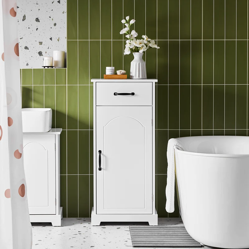 SoBuy BZR207-W Colonne de Salle de Bain avec Tiroir, Étagères Réglables et Placard – L42×P30×H93 cm, Charge 37 kg, MDF E1, Blanc