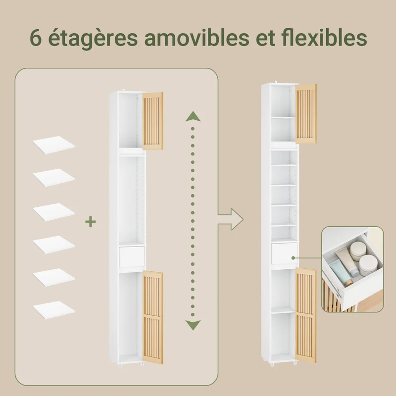 SoBuy BZR34-BW Colonne Bambou Style Naturel – Meuble WC Étroit 20 cm, Ventilé, Blanc