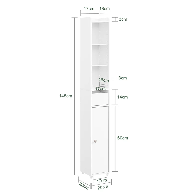SoBuy BZR34-K-W Colonne Salle de Bain Ultra-Étroite 20×20×145 cm – 7 Niveaux, Porte et Tiroir, Blanc