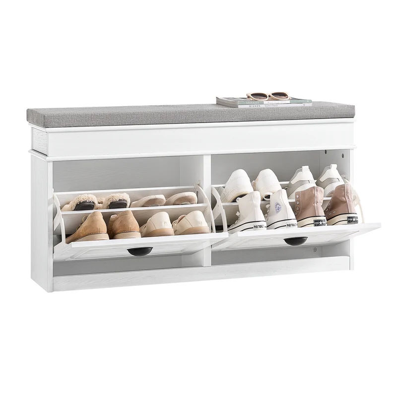SoBuy FSR64-WG Meuble à Chaussures avec Banc d'Entrée, Coffre et Coussin – Slim 24 cm, Effet Bois Blanc