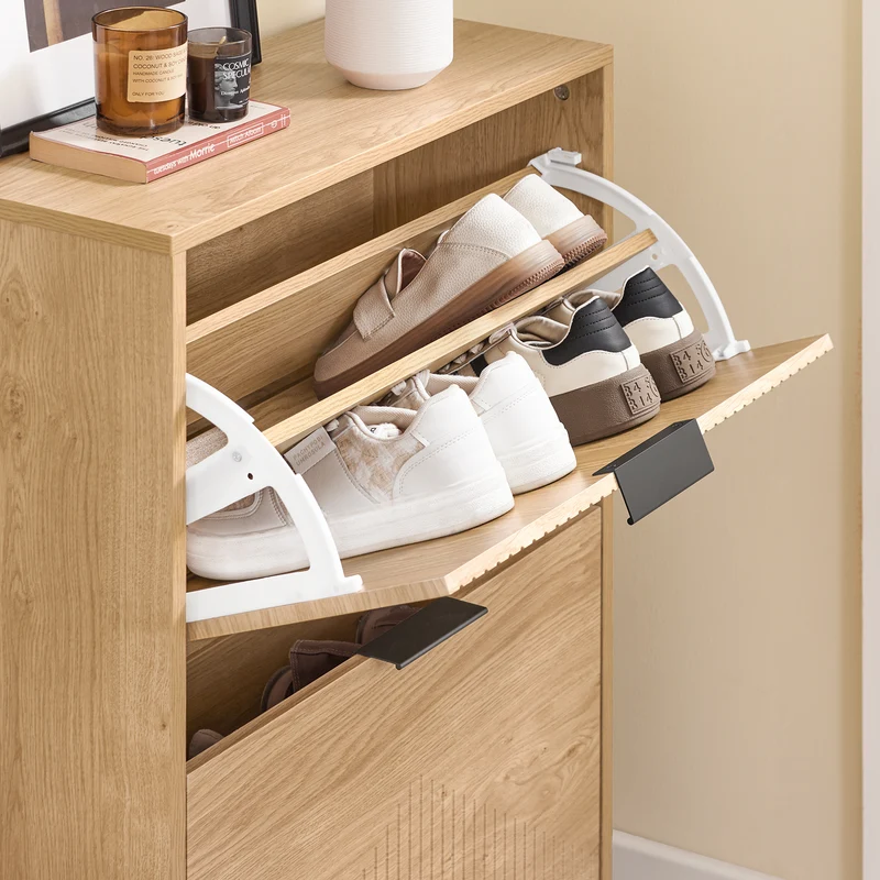 SoBuy FSR200-II-N Meuble à Chaussures 2 Abattants – 8 Paires, Pointure EU 47, Étagères Modulables, Anti-Basculement, 60×24×83 cm, Bois Clair