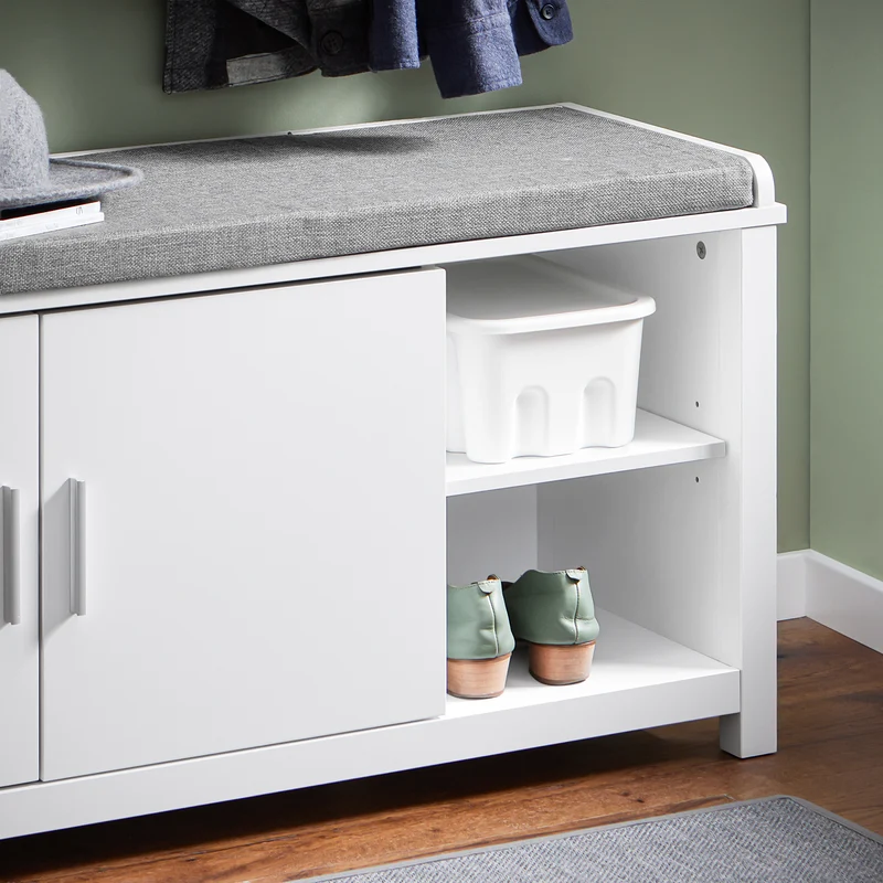 SoBuy FSR168-W Banc à Chaussures Banc de Rangement Meuble d'Entrée Meuble à Chaussures, 2 Portes Coussin Rembourré