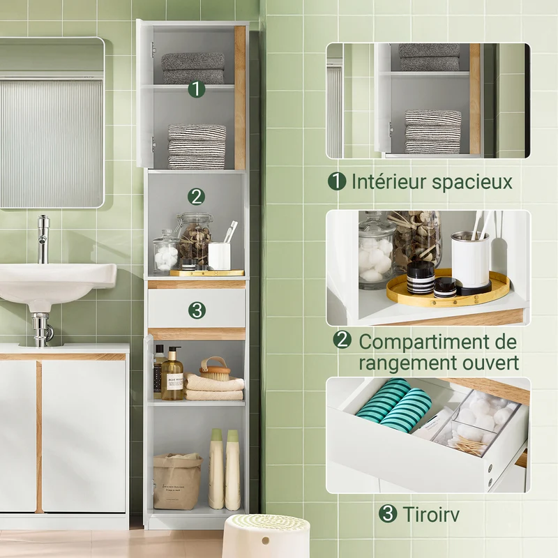 SoBuy BZR80-W Colonne de Salle de Bain 170 cm – Tiroir, Portes et Étagère Ouverte – Blanc