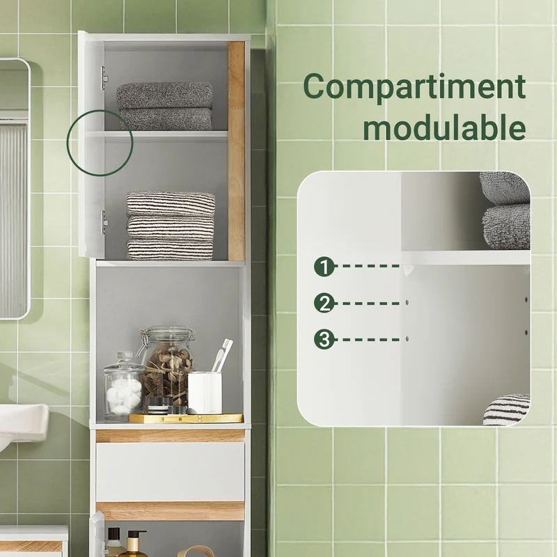 SoBuy BZR80-W Colonne de Salle de Bain 170 cm – Tiroir, Portes et Étagère Ouverte – Blanc