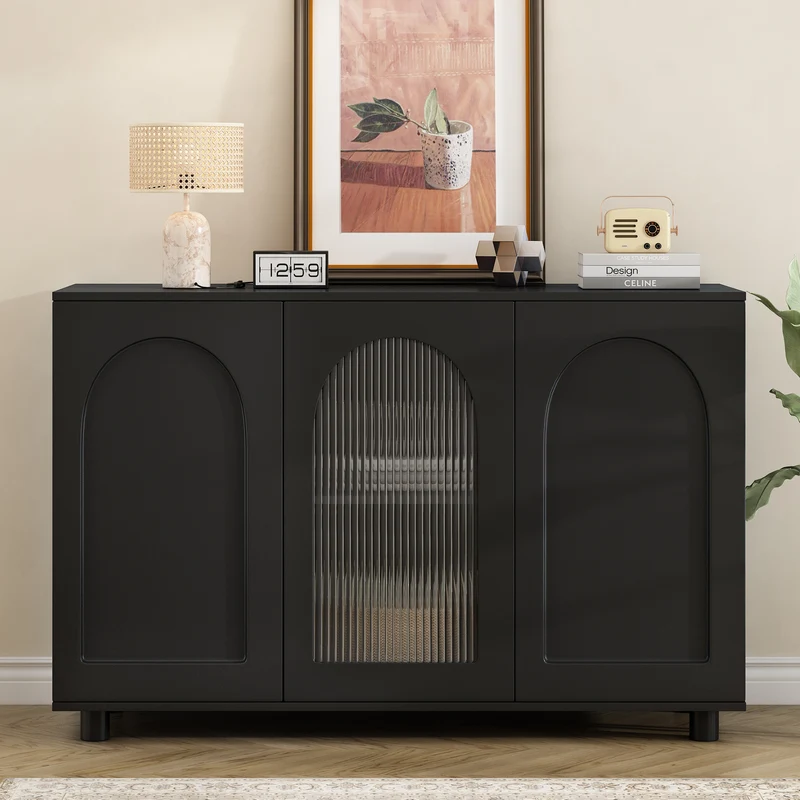 Buffet noir moderne motif en forme de U, porte vitrée 120x40x78,5 cm VIVIDEX