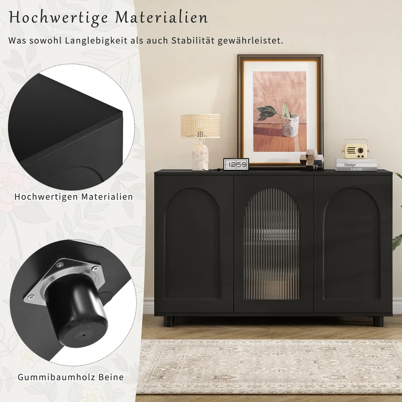 Buffet noir moderne motif en forme de U, porte vitrée 120x40x78,5 cm VIVIDEX