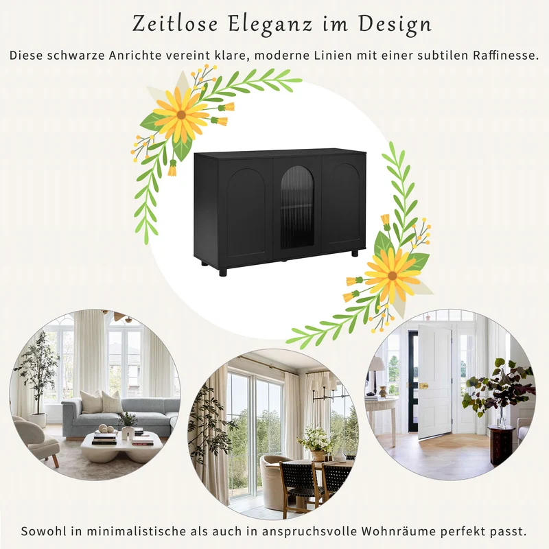 Buffet noir moderne motif en forme de U, porte vitrée 120x40x78,5 cm VIVIDEX
