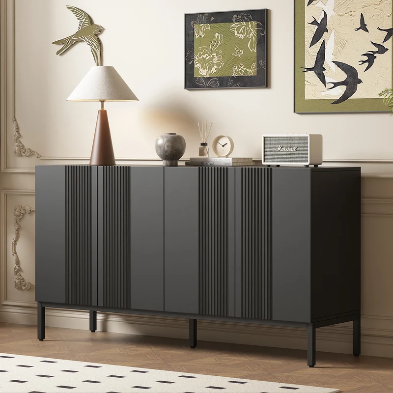 Buffet moderne noir 4 portes à motifs rainurés sans poignées 145x41,5x80 cm VERTEXIRE
