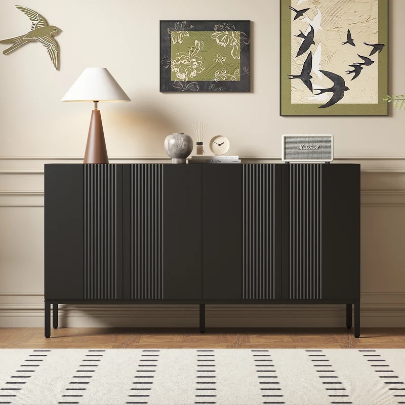 Buffet moderne noir 4 portes à motifs rainurés sans poignées 145x41,5x80 cm VERTEXIRE