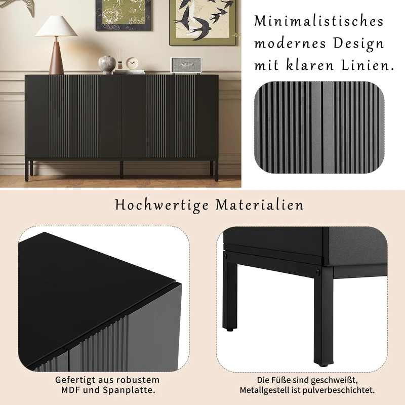 Buffet moderne noir 4 portes à motifs rainurés sans poignées 145x41,5x80 cm VERTEXIRE