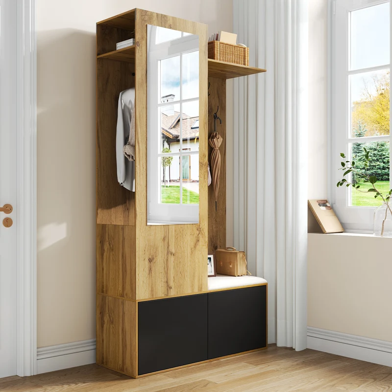 Vestiaire à l'entrée avec miroir, banc, porte-chaussures, 5 crochets 191x100x38cm ALIGNLX