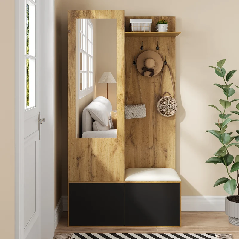 Vestiaire à l'entrée avec miroir, banc, porte-chaussures, 5 crochets 191x100x38cm ALIGNLX