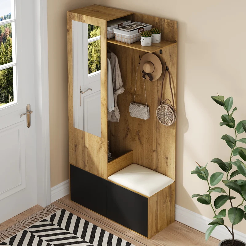 Vestiaire à l'entrée avec miroir, banc, porte-chaussures, 5 crochets 191x100x38cm ALIGNLX