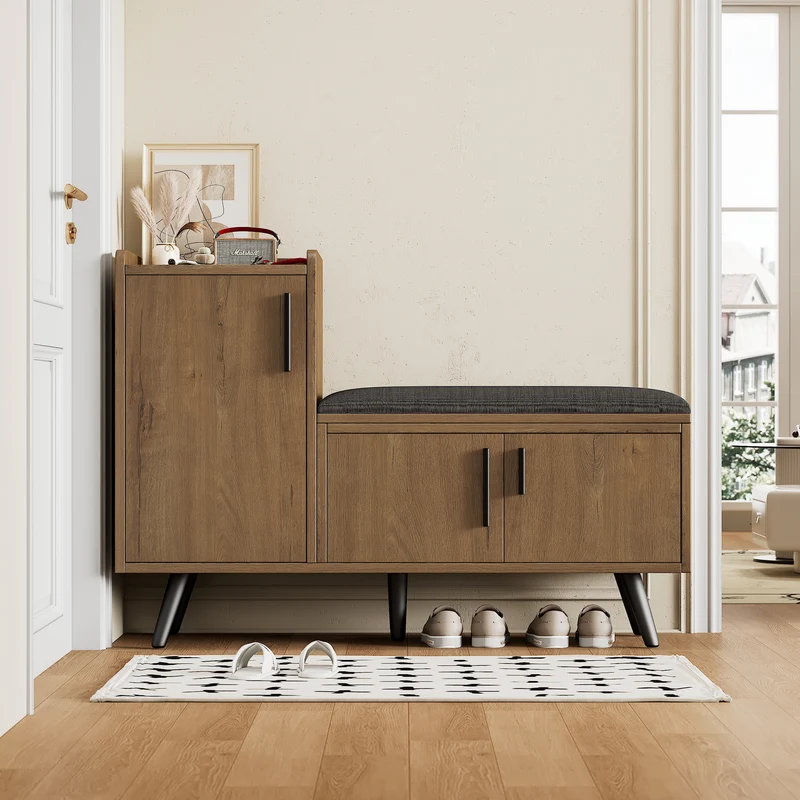 Banc à chaussures effet bois avec 3 portes et le banc 100x34x68,5cm ETHEREALLUM