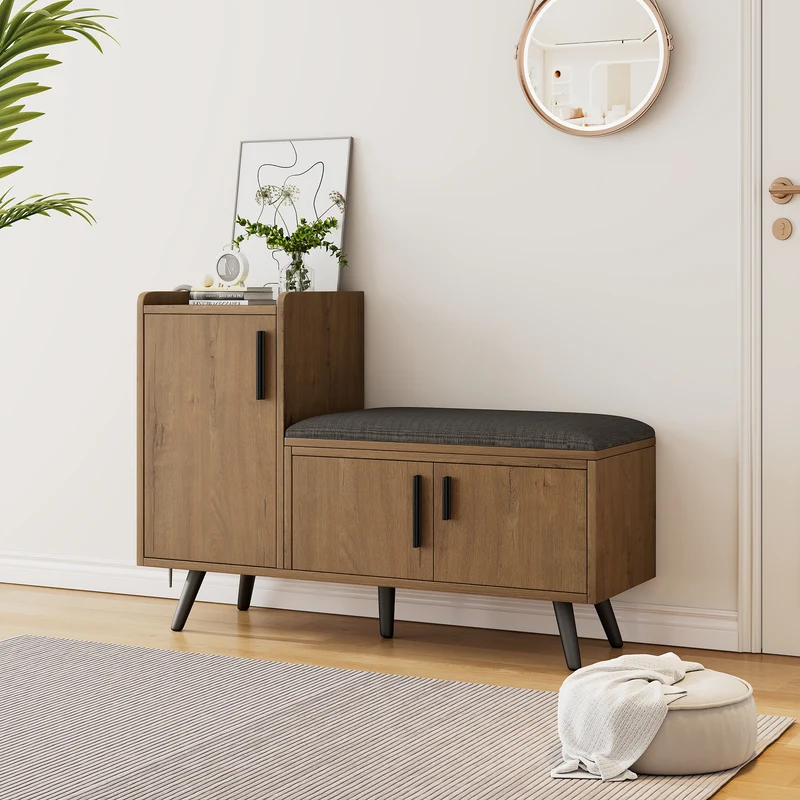 Banc à chaussures effet bois avec 3 portes et le banc 100x34x68,5cm ETHEREALLUM