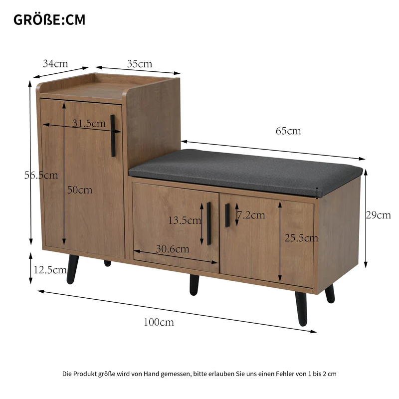Banc à chaussures effet bois avec 3 portes et le banc 100x34x68,5cm ETHEREALLUM