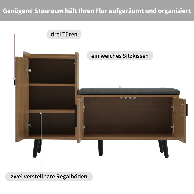 Banc à chaussures effet bois avec 3 portes et le banc 100x34x68,5cm ETHEREALLUM