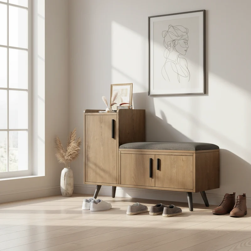 Banc à chaussures effet bois avec 3 portes et le banc 100x34x68,5cm ETHEREALLUM