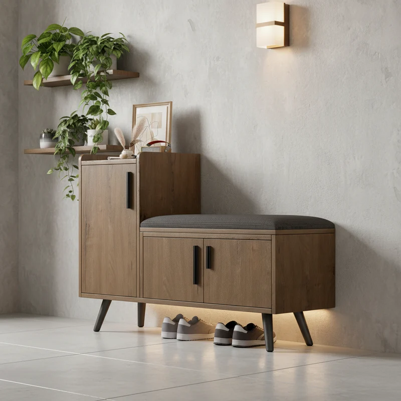 Banc à chaussures effet bois avec 3 portes et le banc 100x34x68,5cm ETHEREALLUM