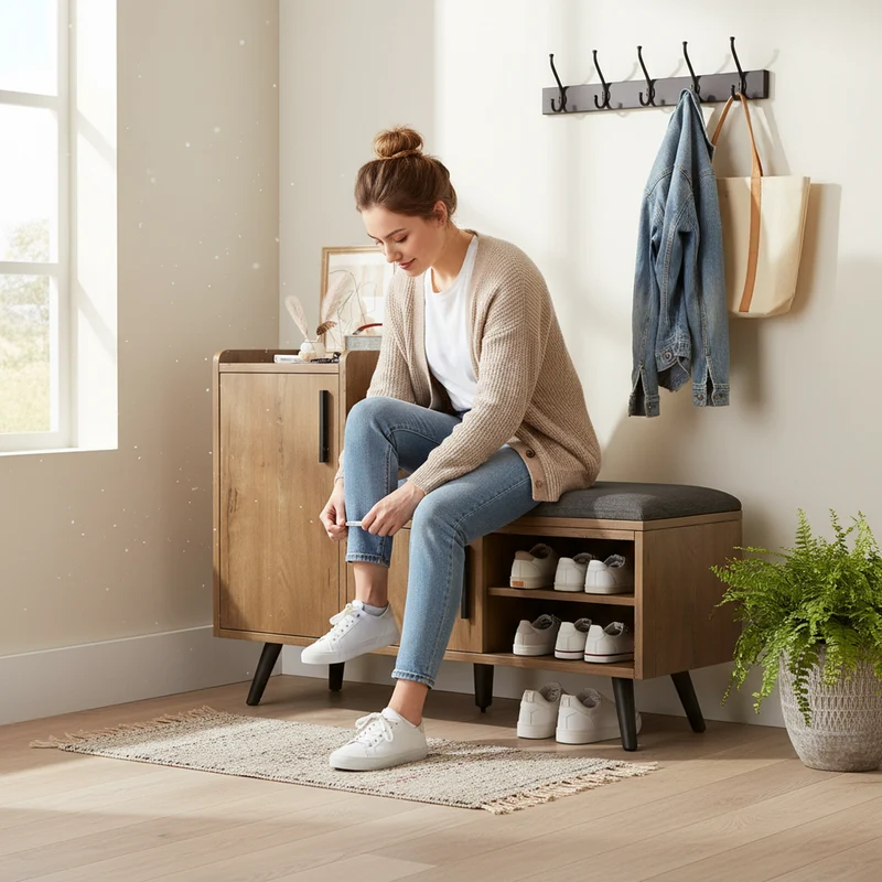 Banc à chaussures effet bois avec 3 portes et le banc 100x34x68,5cm ETHEREALLUM