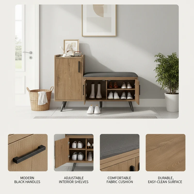 Banc à chaussures effet bois avec 3 portes et le banc 100x34x68,5cm ETHEREALLUM