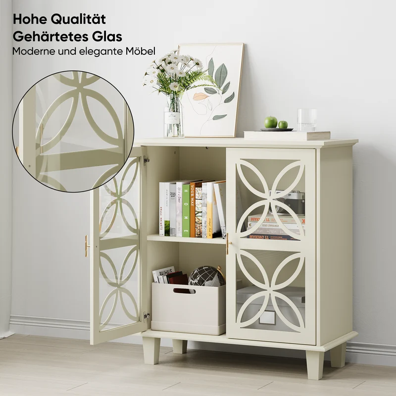 Buffet blanc crème 2 portes vitrées verre trempé à motifs tréfilés 80x38x87cm OBSIDIANORA