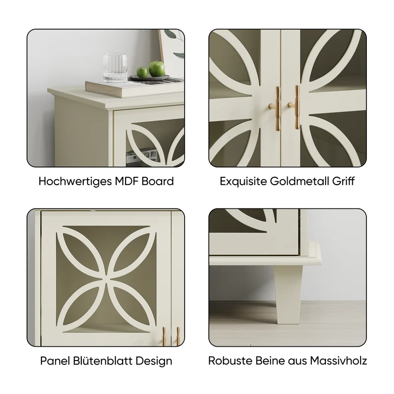 Buffet blanc crème 2 portes vitrées verre trempé à motifs tréfilés 80x38x87cm OBSIDIANORA