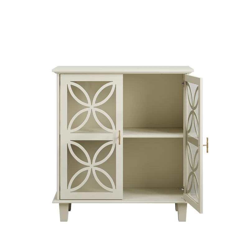 Buffet blanc crème 2 portes vitrées verre trempé à motifs tréfilés 80x38x87cm OBSIDIANORA