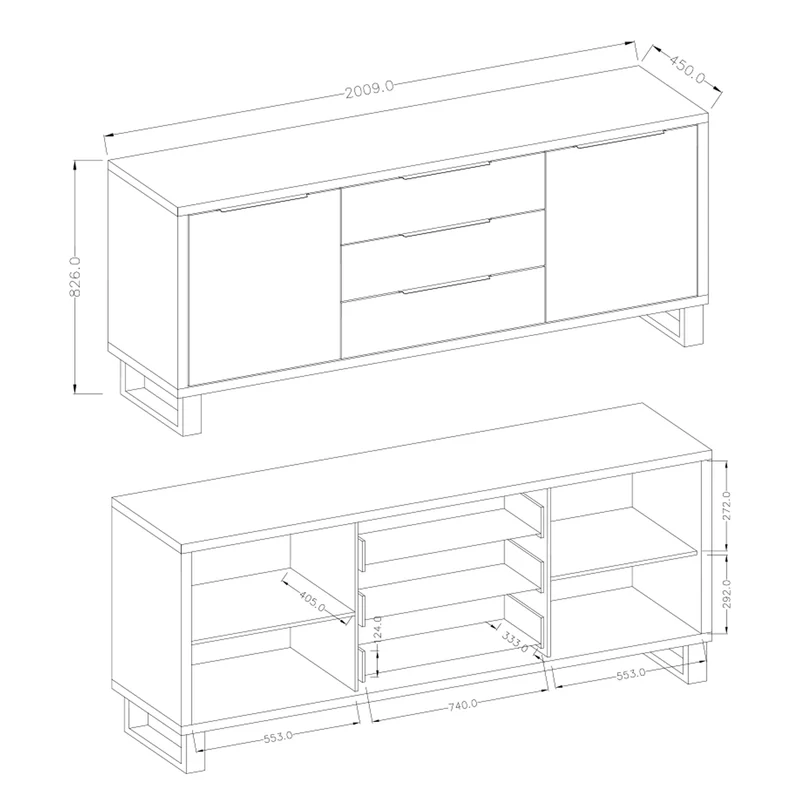 Buffet 2 portes 3 tiroirs Eden Bois et Metal