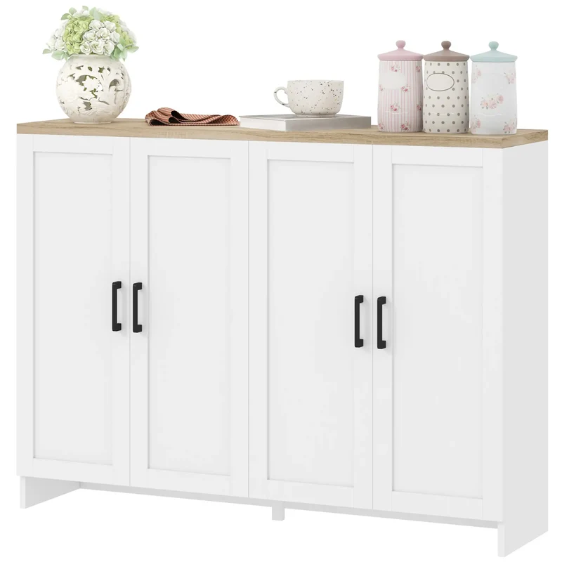 Modern Sideboard Buffet Cabinet, 4 Doors Adjustable Shelves, White